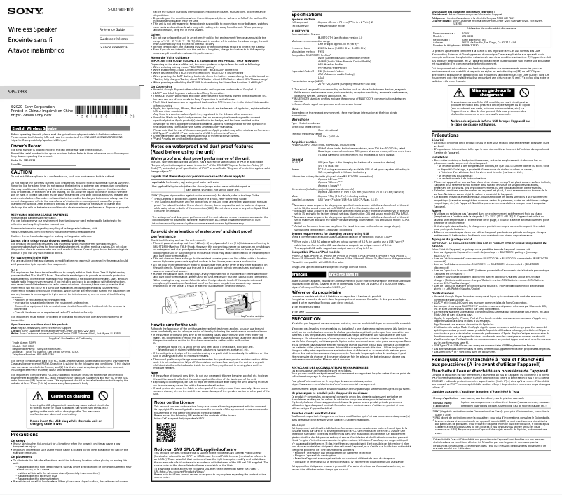 Imagen de la primera página del manual del dispositivo SRS-XB33