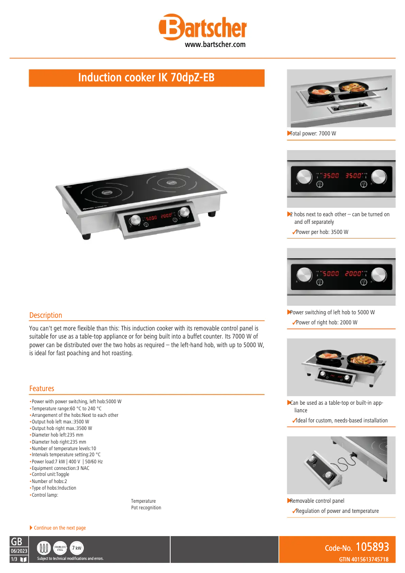 Página 1 del manual Ficha técnica Bartscher IK 70dpZ-EB