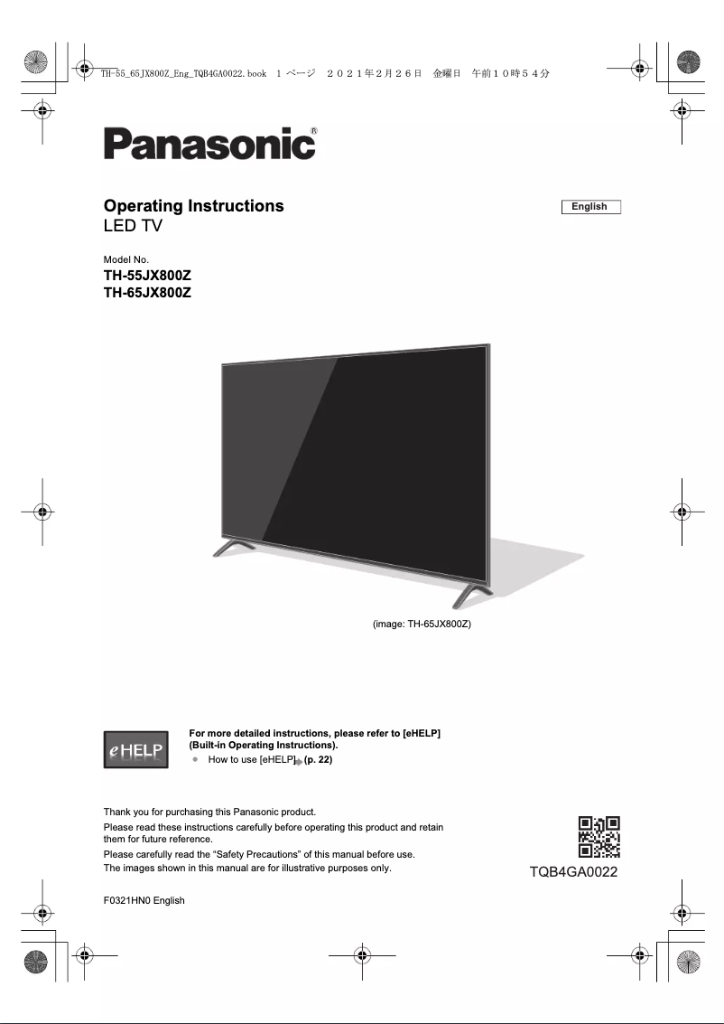 Imagen de la primera página del manual del dispositivo TH-65JX800Z