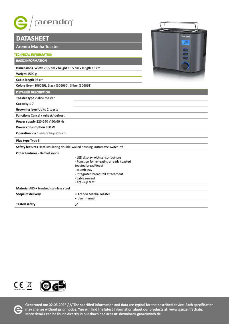 Página 1 del manual Ficha técnica Arendo Manha Compact 306061