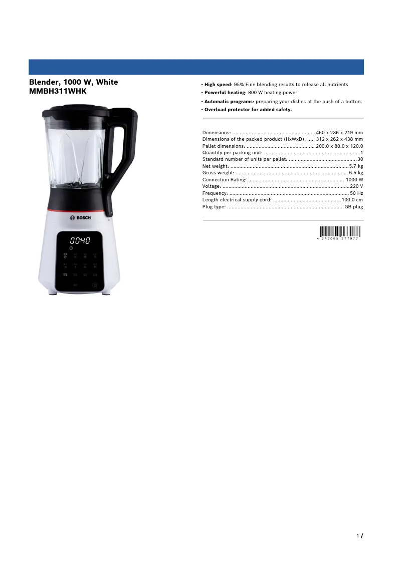 Página 1 del manual Ficha técnica Bosch MMBH311WHK