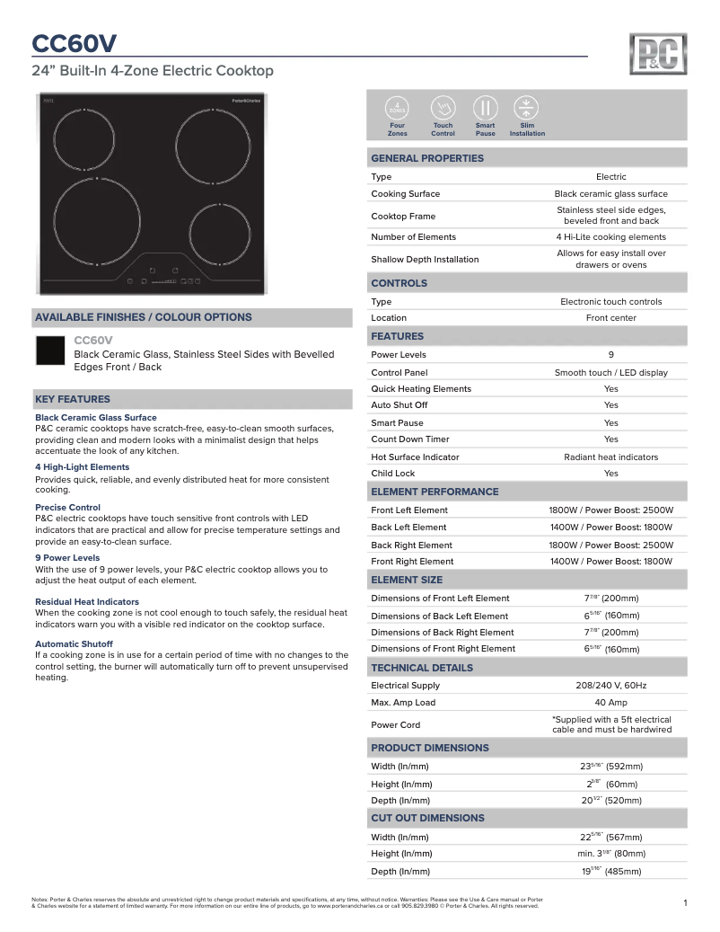 Página 1 del manual Ficha técnica Porter & Charles CC60V