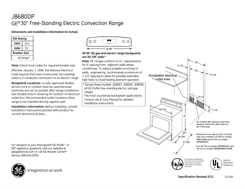 Página 1 del manual Ficha técnica GE JB680DPBB