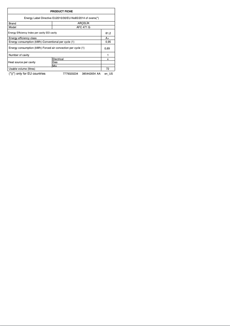 Página 1 del manual Ficha técnica Arçelik AFC 471 G