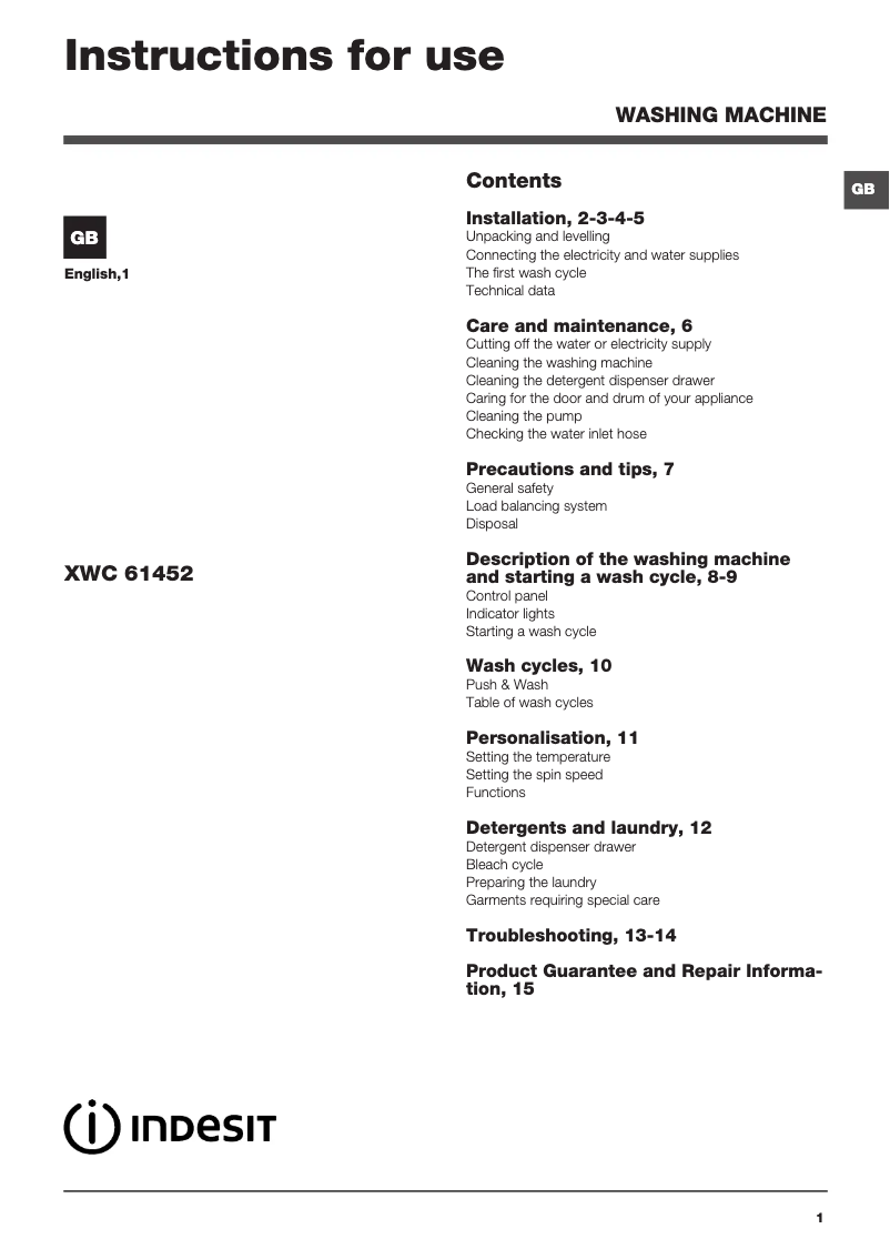 Imagen de la primera página del manual del dispositivo XWC 61452 S UK