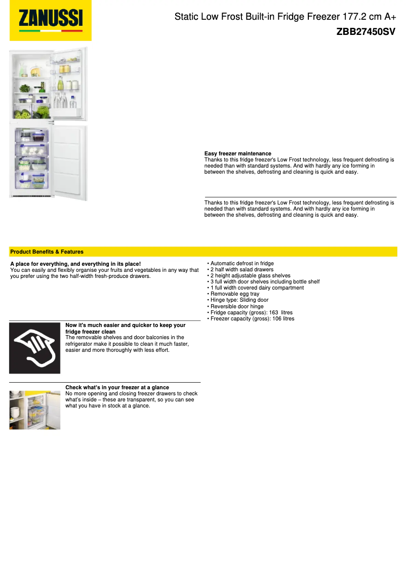 Página 1 del manual Ficha técnica Zanussi ZBB27450SV