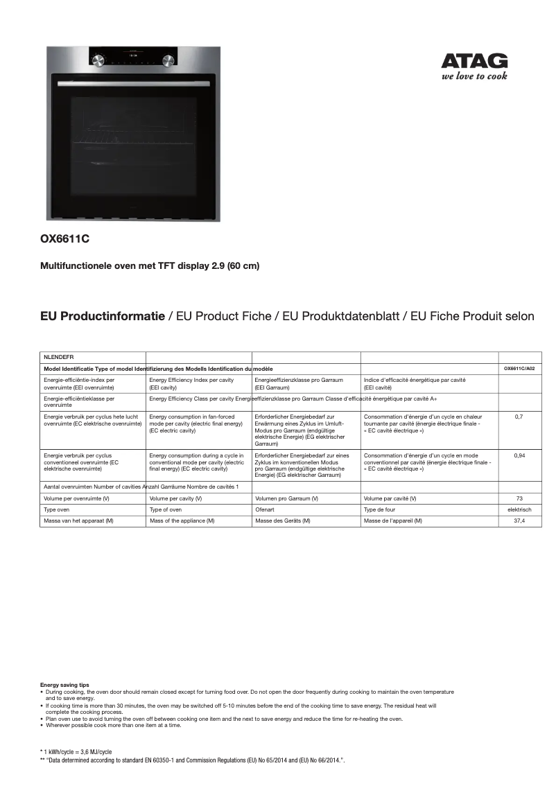 Página 1 del manual Manual de usuario Atag OX6611C