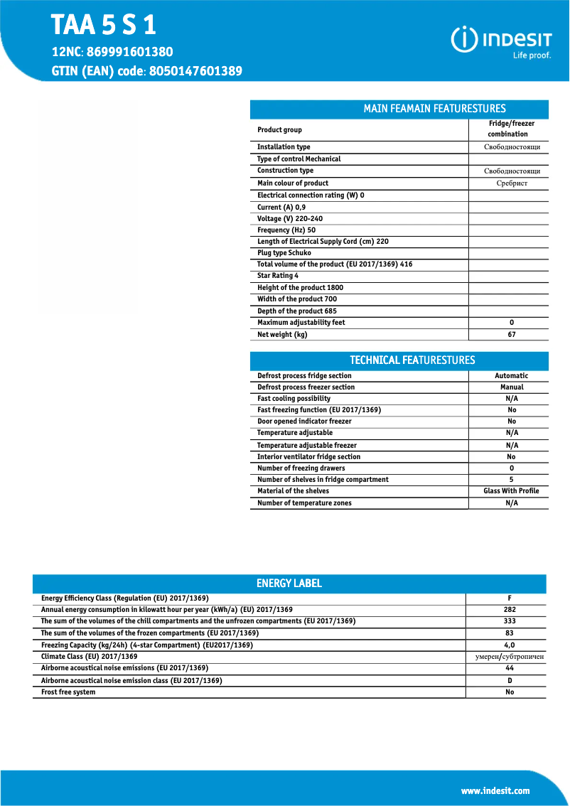 Página 1 del manual Ficha técnica Indesit TAA 5 S 1