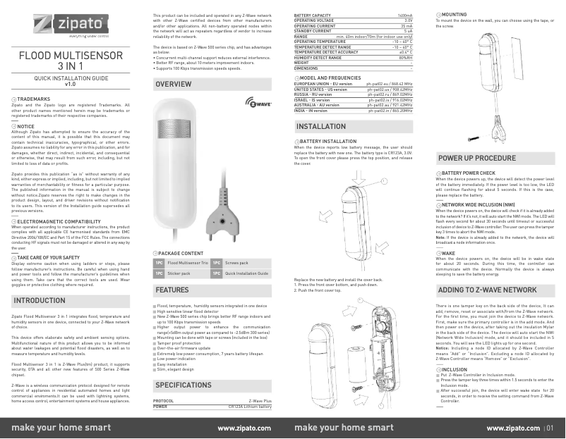 Página nº 1 - Manual de usuario Zipato Flood Multisensor 3 in 1