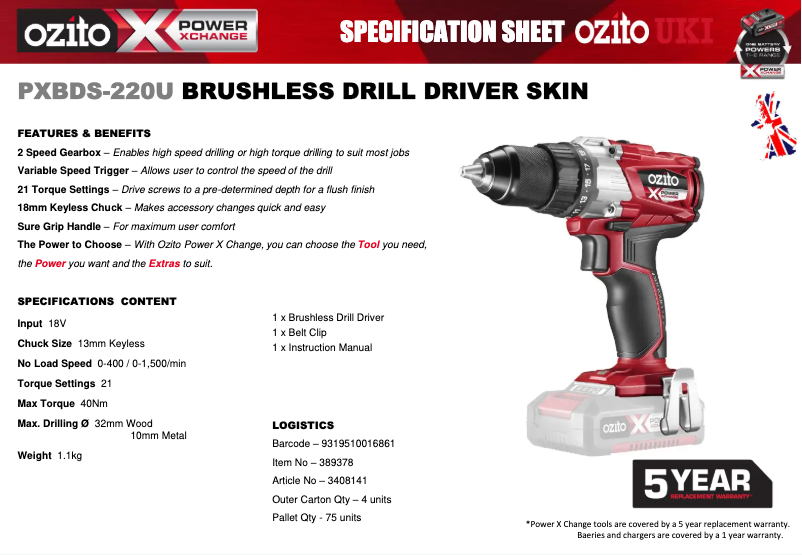 Página 1 del manual Ficha técnica Ozito PXBDS-220U