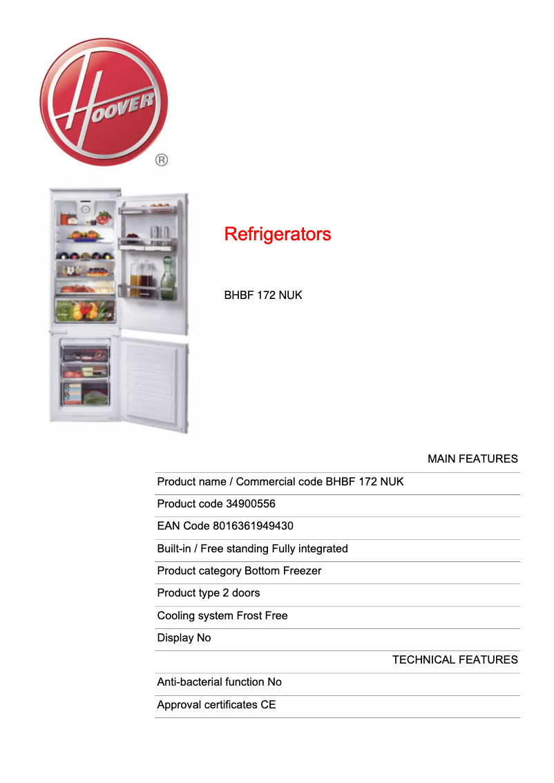 Página 1 del manual Ficha técnica Hoover BHBF 172 NUK