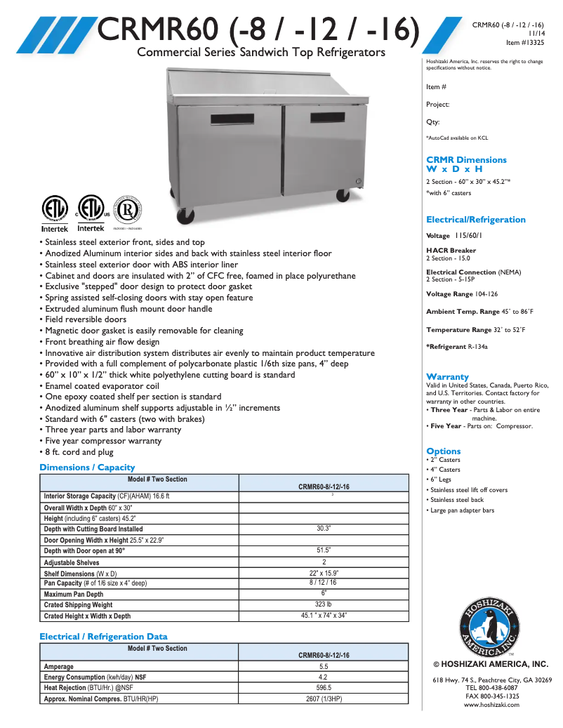 Página 1 del manual Ficha técnica Hoshizaki CRMR60-8