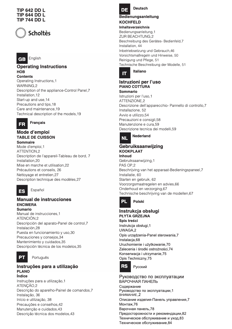 Página 1 del manual Manual de usuario Scholtès TIP 744 DD L