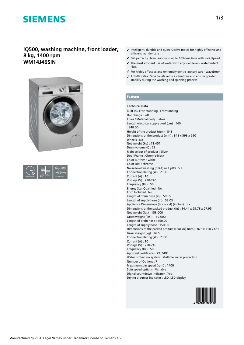 Página 1 del manual Ficha técnica Siemens WM14J46SIN