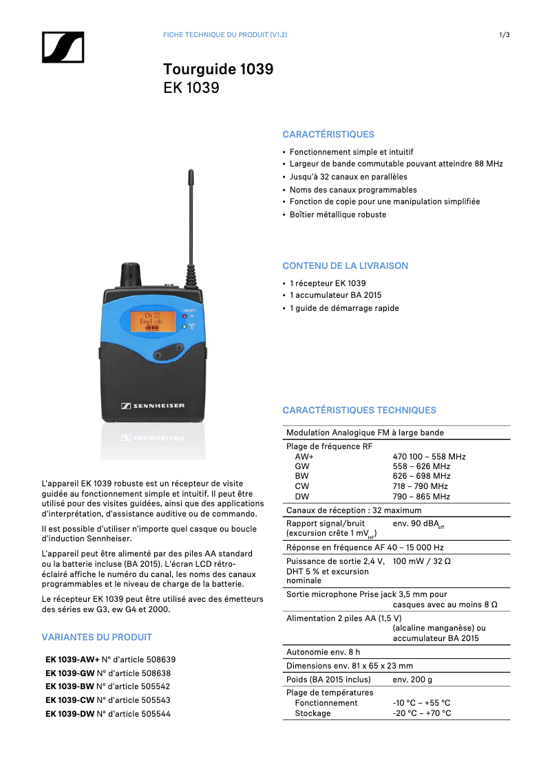 Página 1 del manual Ficha técnica Sennheiser EK 1039
