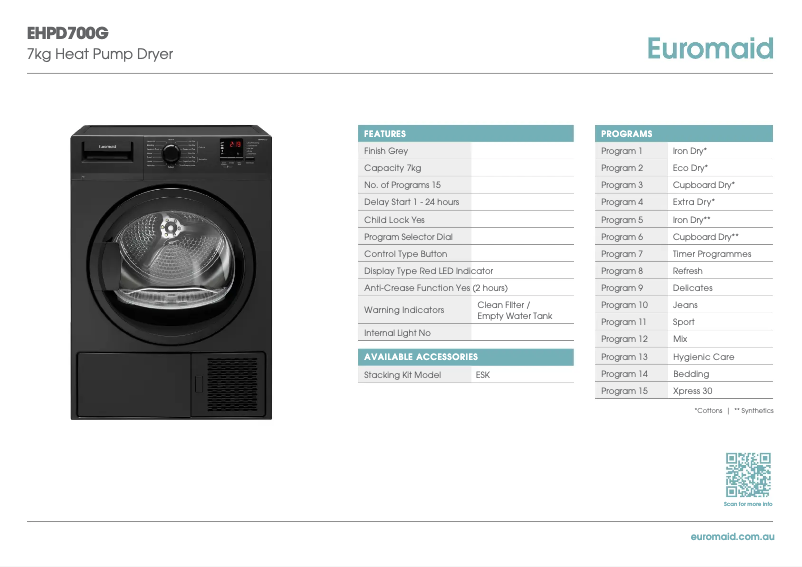 Página 1 del manual Ficha técnica Euromaid EHPD700G
