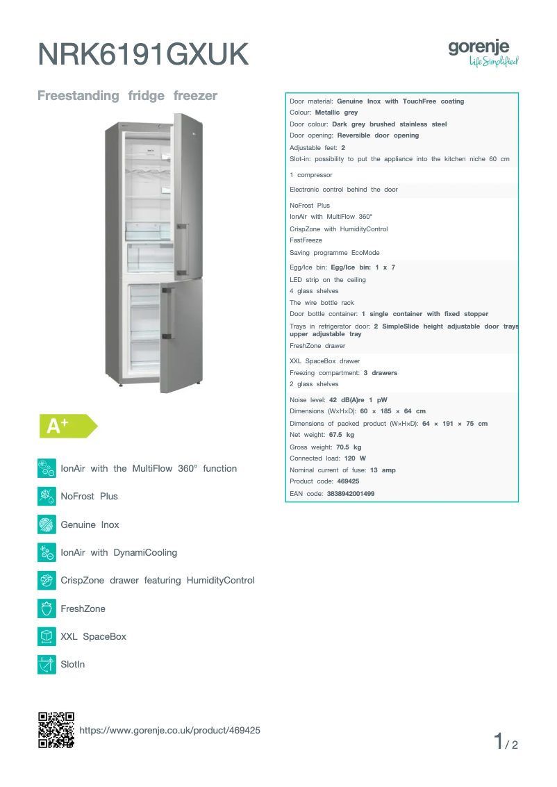 Página 1 del manual Ficha técnica Gorenje NRK6191GXUK