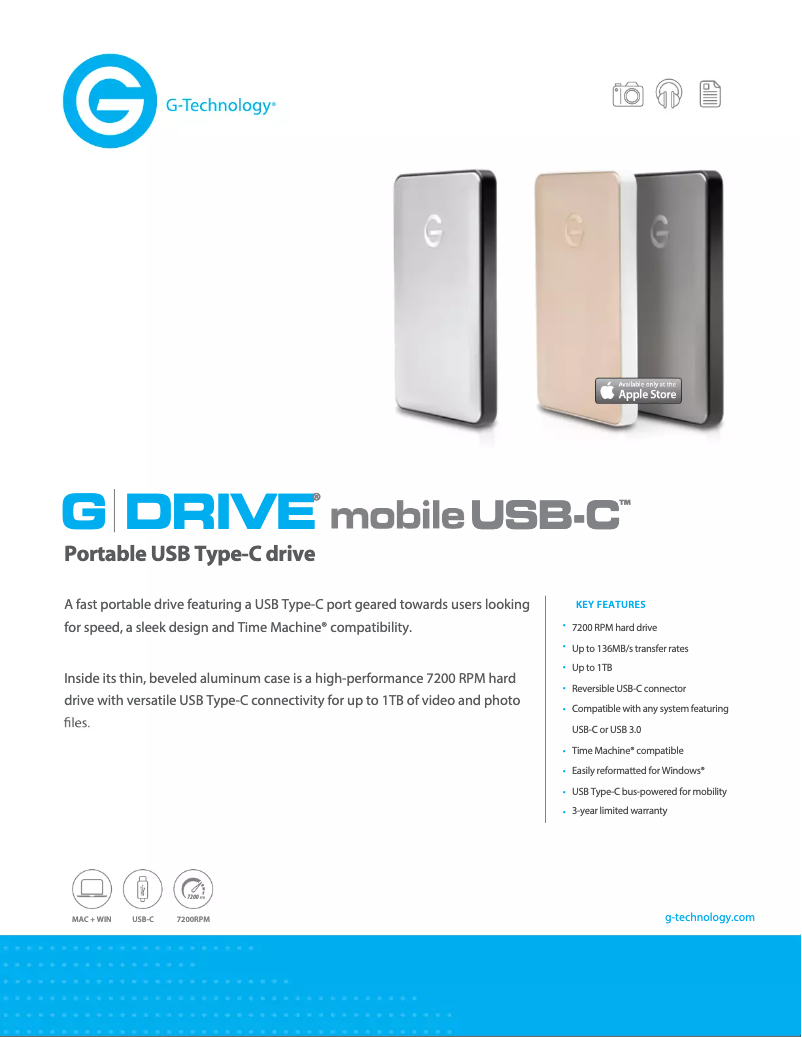 Página 1 del manual Ficha técnica G-Technology G-DRIVE mobile USB-C