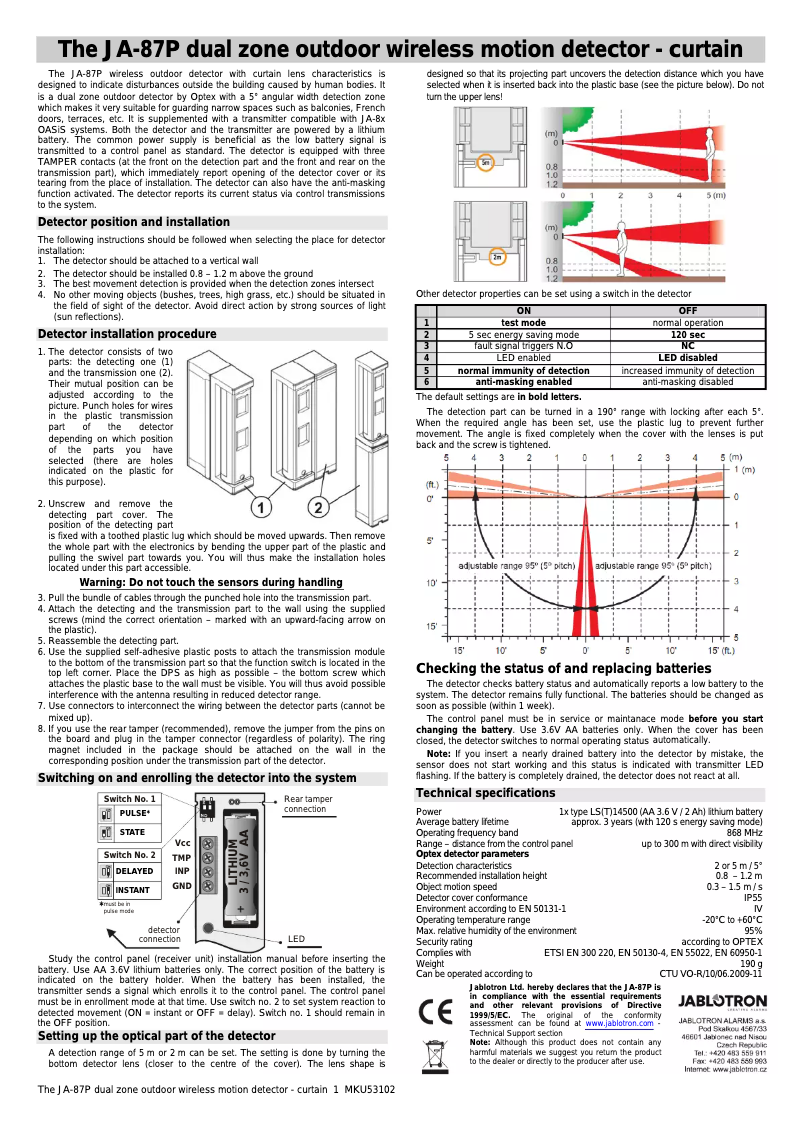 Imagen de la primera página del manual del dispositivo JA-87P