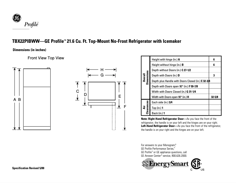 Página 1 del manual Ficha técnica GE Profile TBX22PIBWW