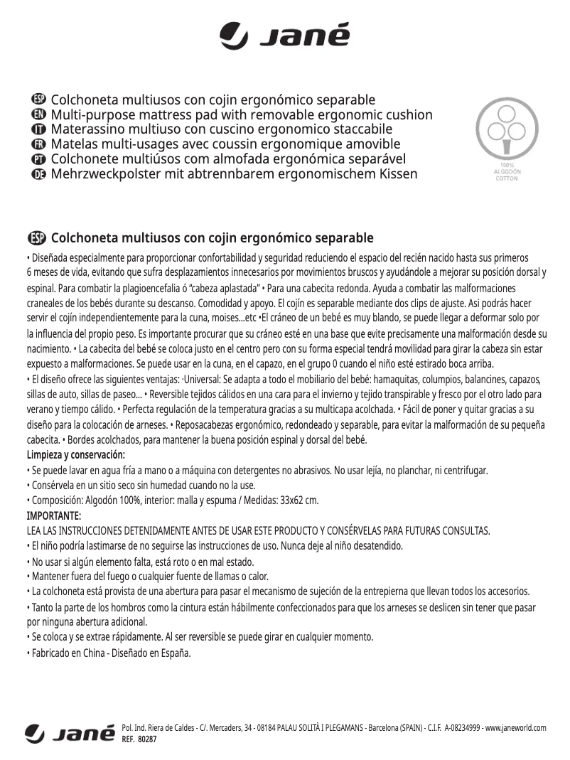 Página 1 del manual Manual de usuario Jane Reversible Universal Mattress Pad