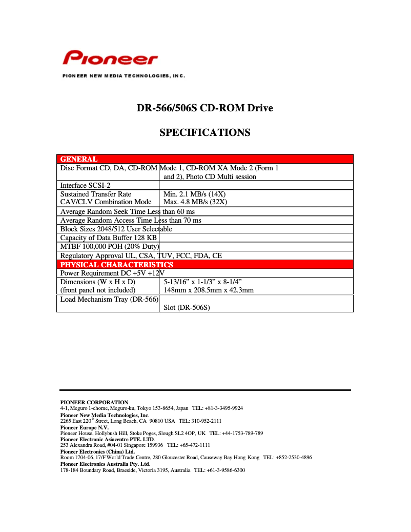 Página 1 del manual Ficha técnica Pioneer DR-566