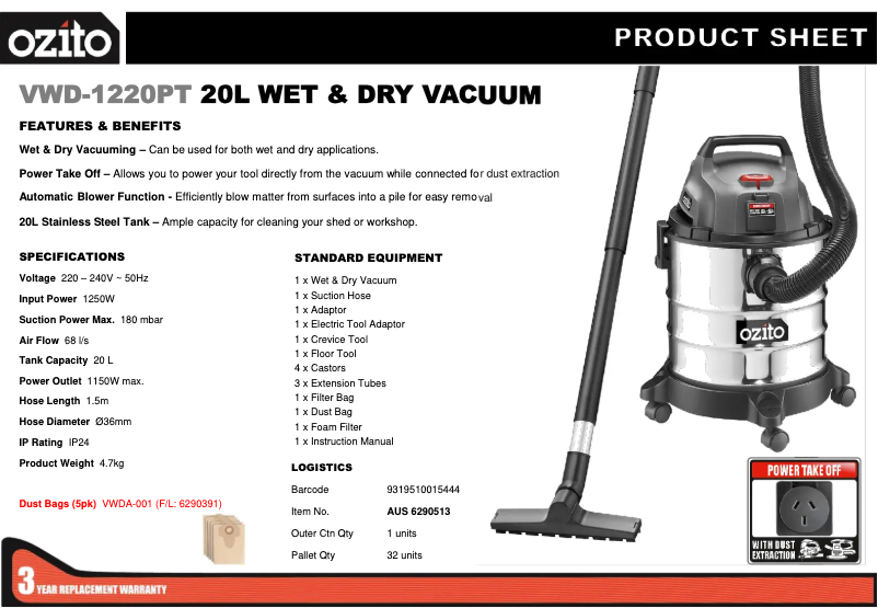 Página 1 del manual Ficha técnica Ozito VWD-1220PT