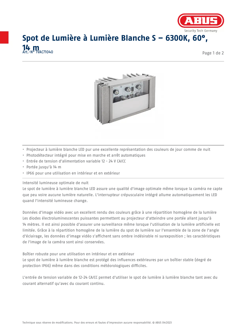 Página 1 del manual Ficha técnica Abus TVAC71040