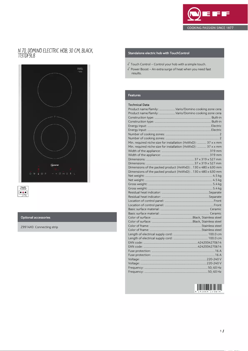 Página 1 del manual Ficha técnica Neff T13TDF9L8