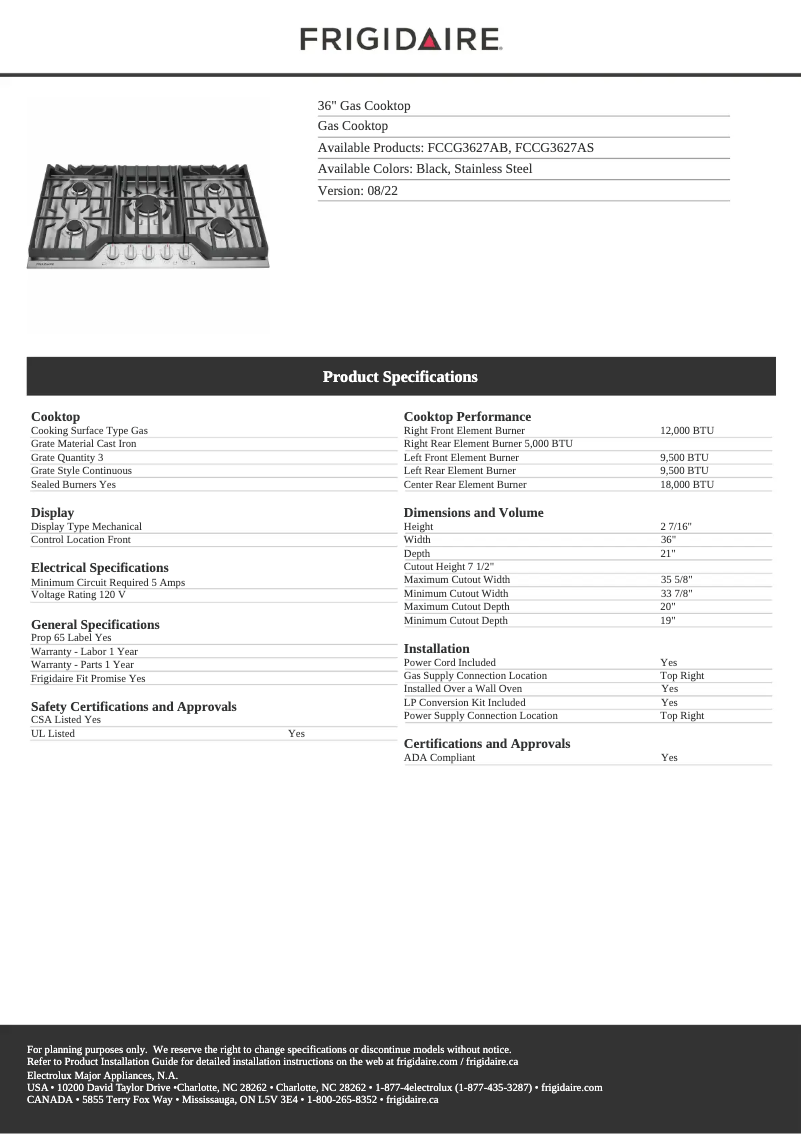 Página 1 del manual Ficha técnica Frigidaire FCCG3627AB