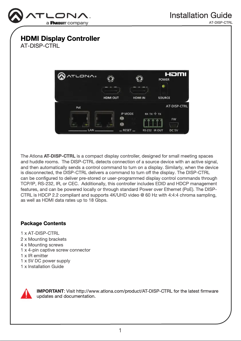 Imagen de la primera página del manual del dispositivo AT-DISP-CTRL