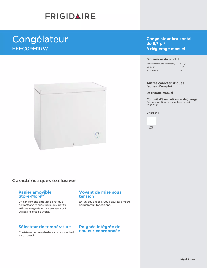 Página 1 del manual Ficha técnica Frigidaire FFFC09M1RW