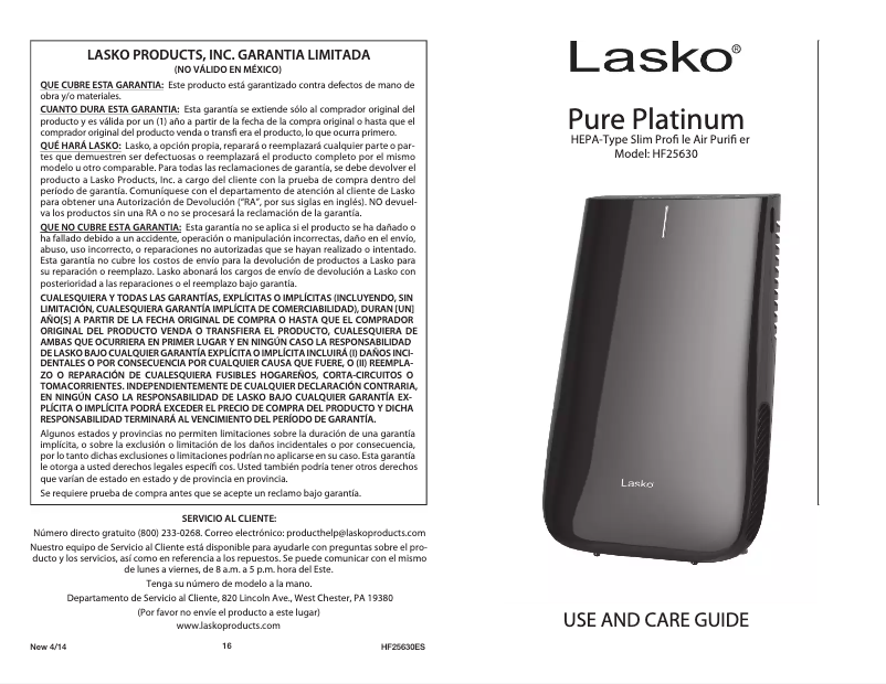 Página 1 del manual Manual de usuario Lasko Pure Platinum HF25630