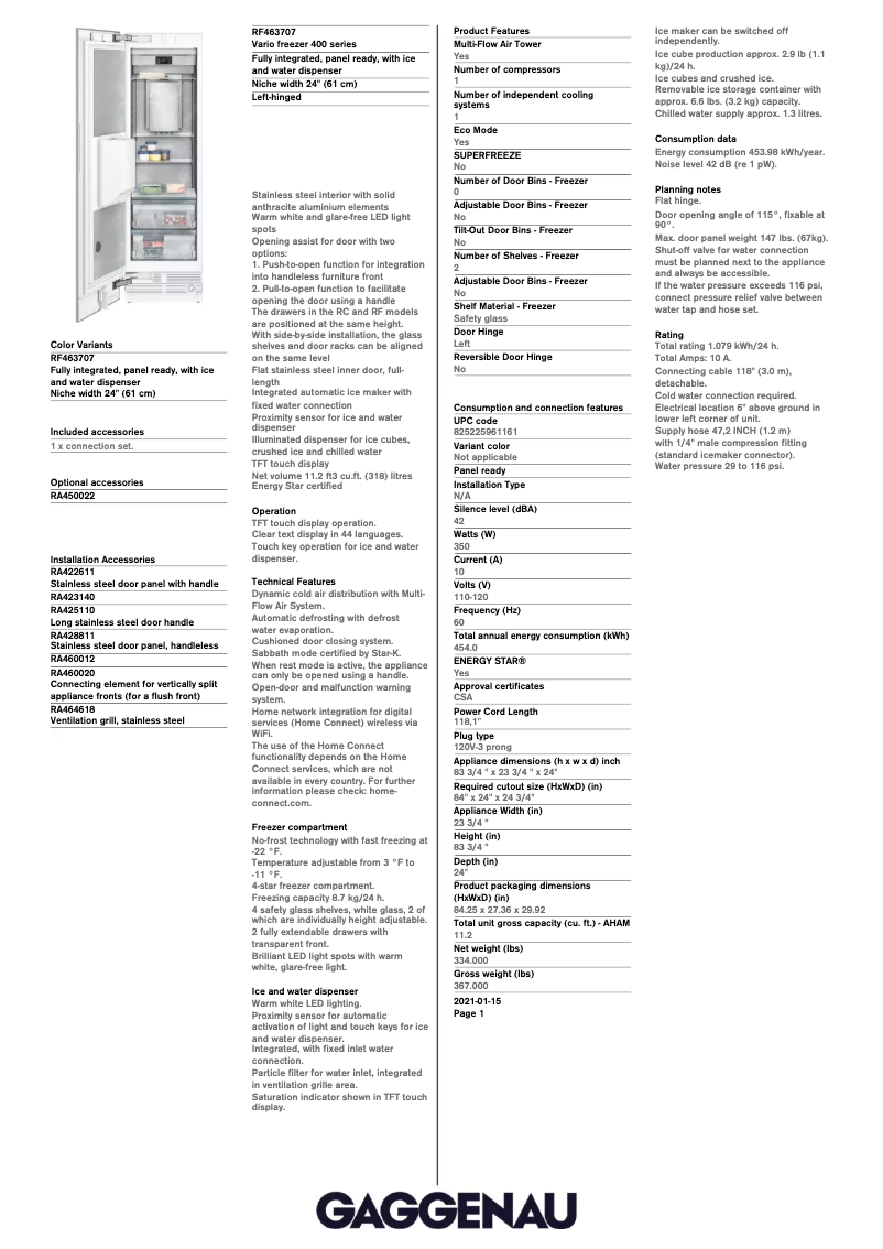 Página 1 del manual Ficha técnica Gaggenau RF463707
