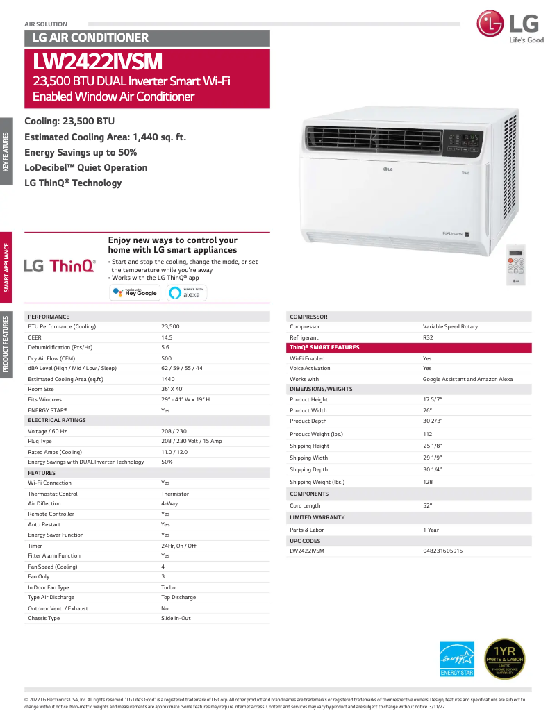 Página 1 del manual Ficha técnica LG LW2422IVSM