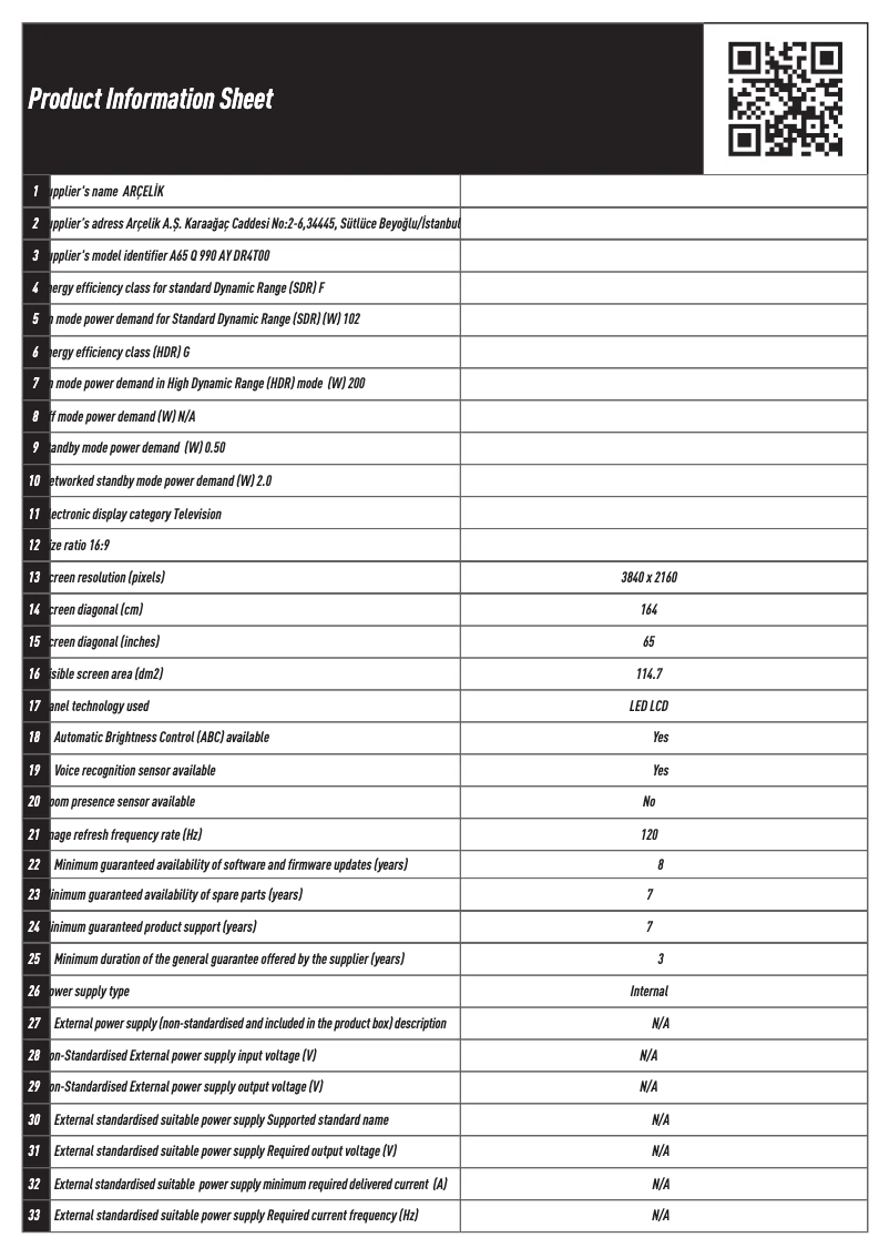 Página 1 del manual Ficha técnica Arçelik A65 Q 990 AY