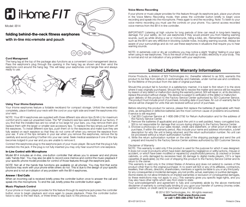 Imagen de la primera página del manual del dispositivo iB14