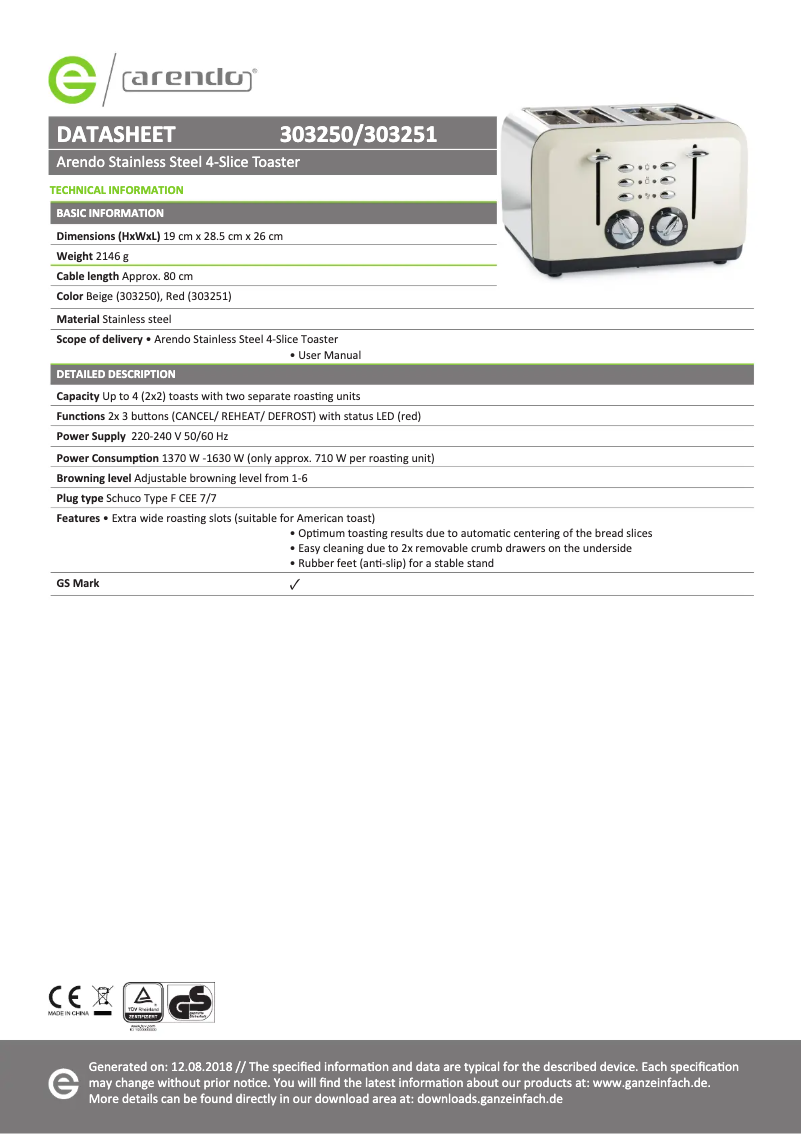 Página 1 del manual Ficha técnica Arendo Breakfast X2 303251