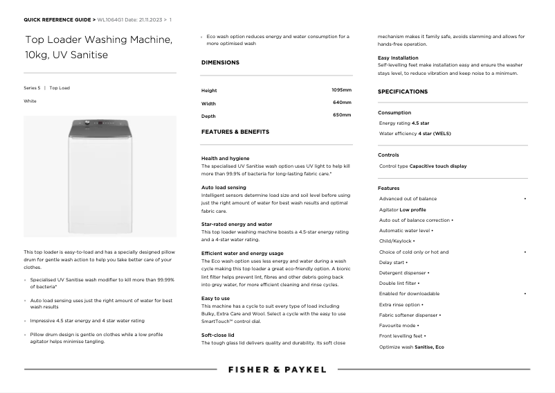Página 1 del manual Ficha técnica Fisher & Paykel WL1064G1