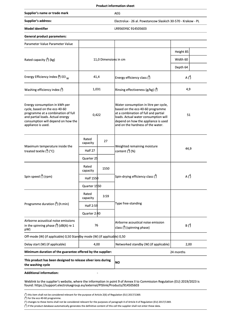 Página 1 del manual Ficha técnica AEG LR956SY6C