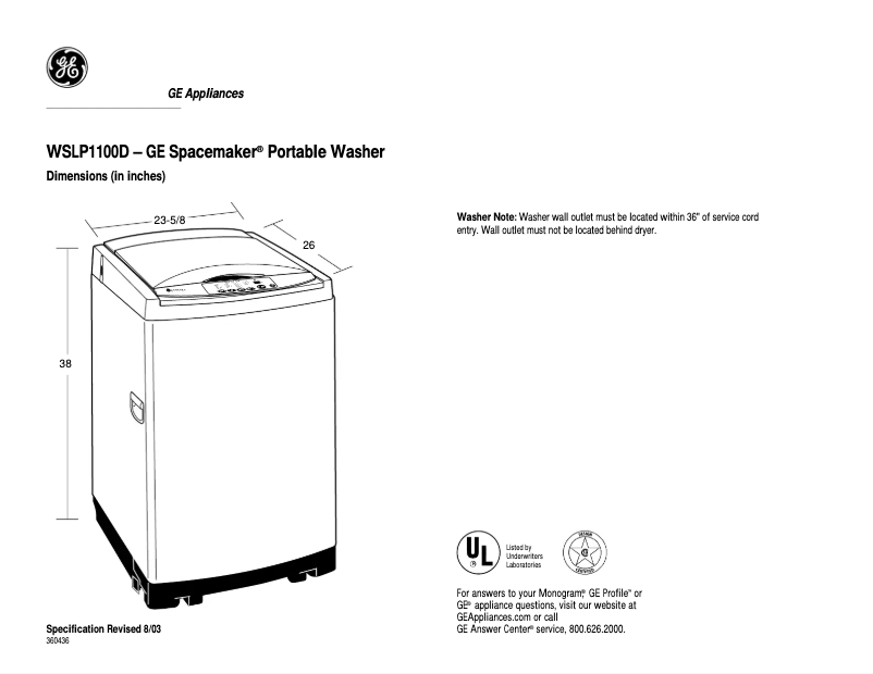 Página 1 del manual Ficha técnica GE WSLP1100DWH