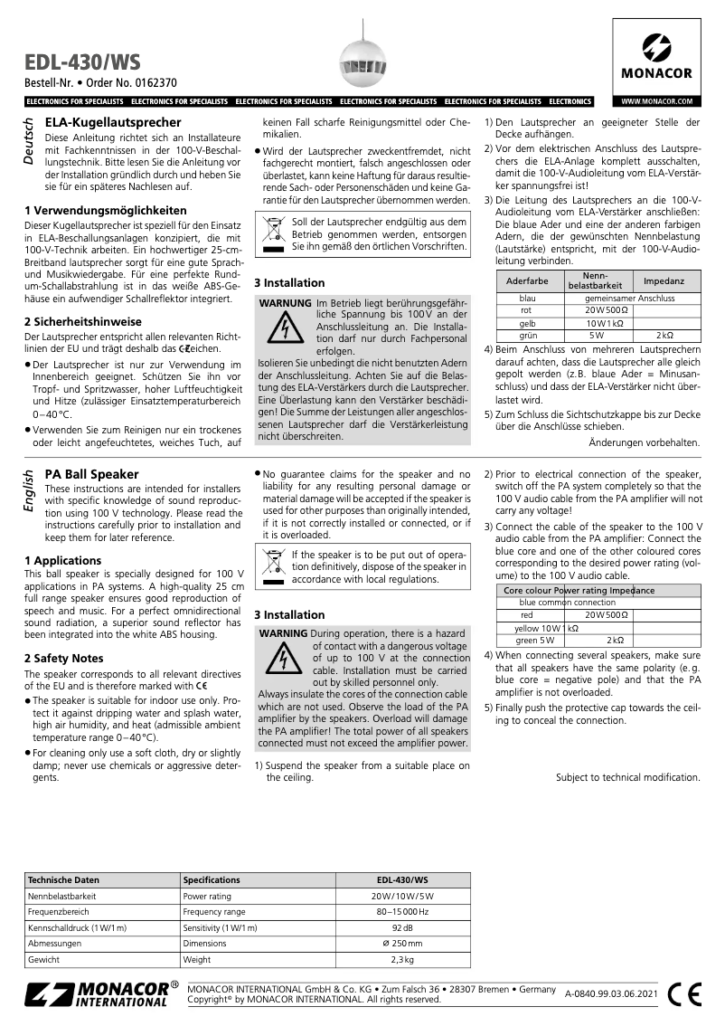 Página 1 del manual Manual de usuario Monacor EDL-430/WS