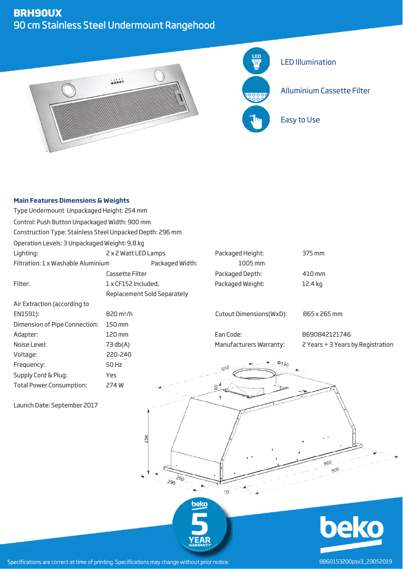 Página 1 del manual Ficha técnica Beko BRH90UX