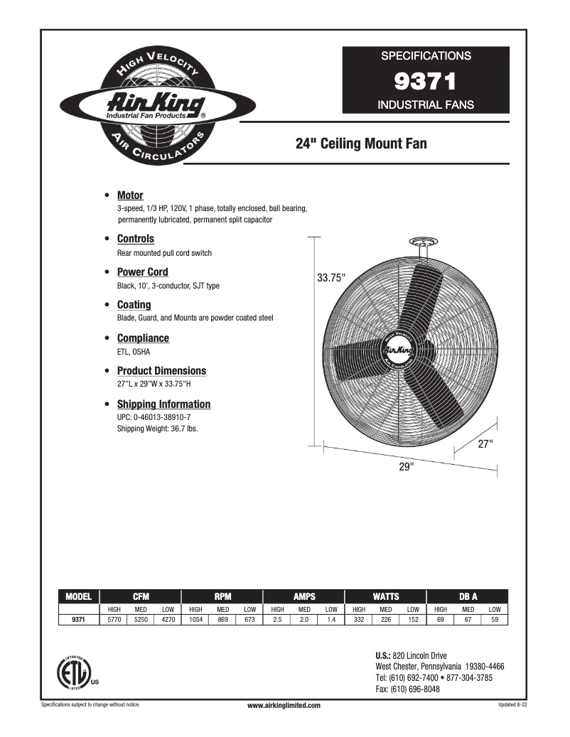 Página nº 1 - Ficha técnica Air King 9371