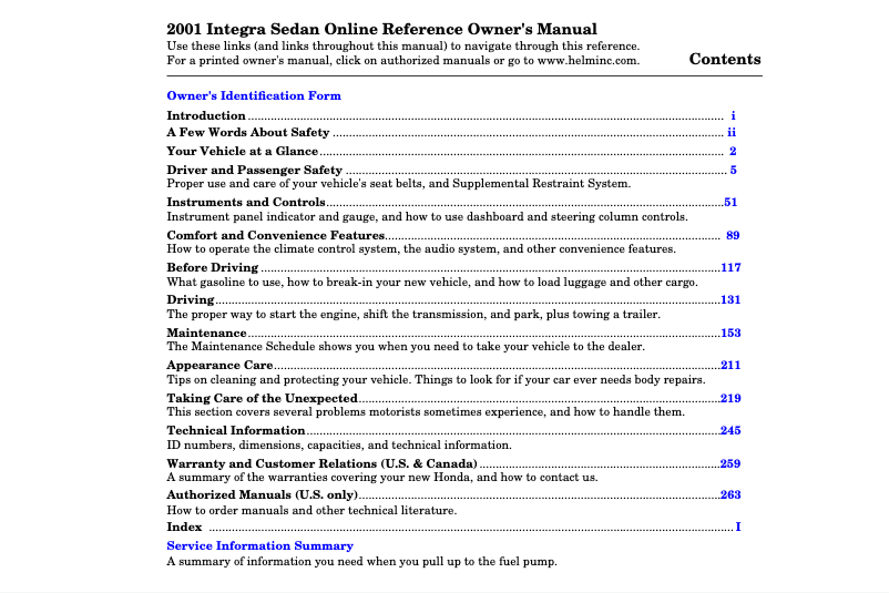 Página nº 1 - Manual de usuario Honda Integra Sedan (2001)