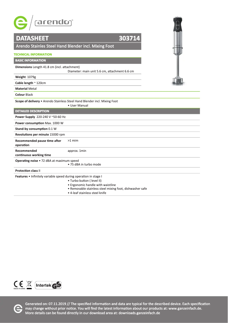 Página 1 del manual Ficha técnica Arendo 303768