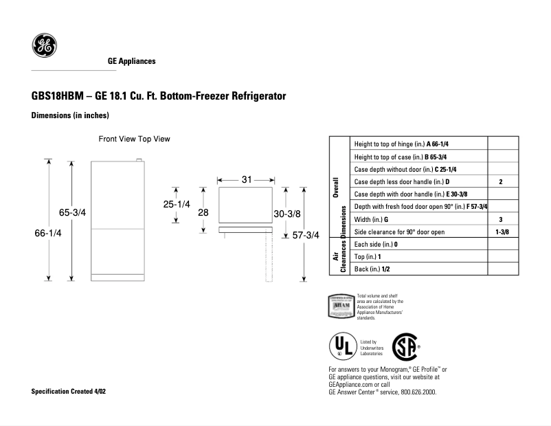 Página 1 del manual Ficha técnica GE GBS18HBMCC