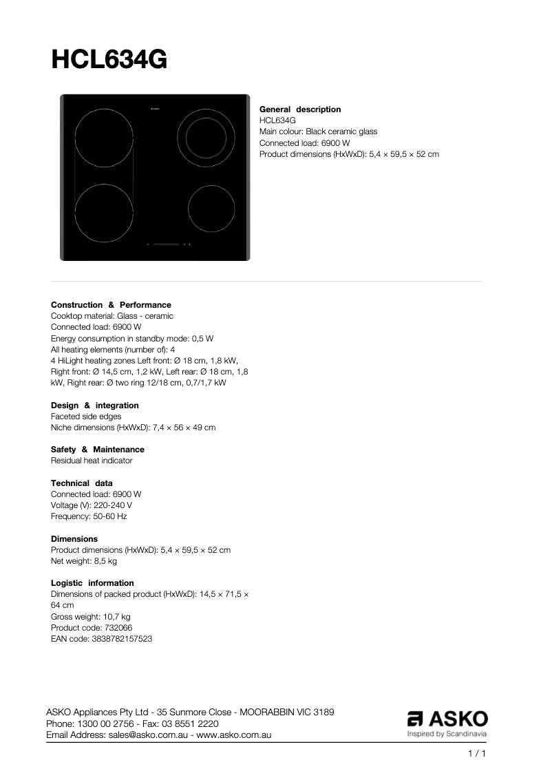 Página nº 1 - Ficha técnica Asko HCL634G