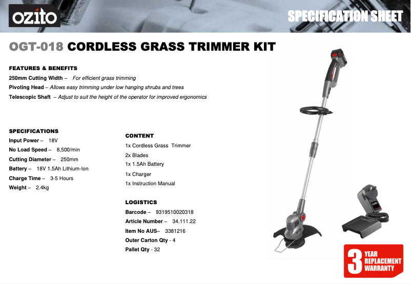 Página nº 1 - Ficha técnica Ozito OGT-018