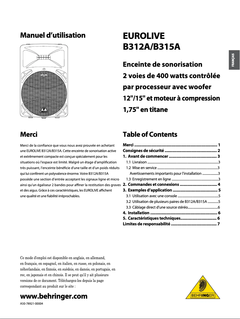 Imagen de la primera página del manual del dispositivo Eurolive B315A